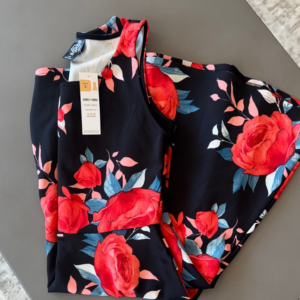 Agnes & Dora Black Dress with Red Rose & Blue Leaves